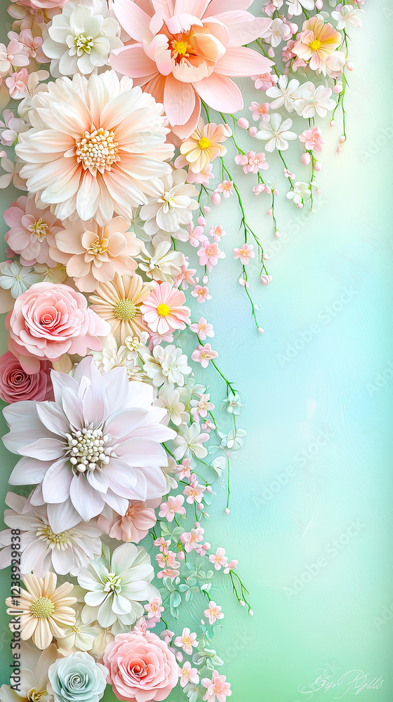 A vibrant display of assorted flowers, including roses and daisies, cascading down a soft gradient background, creating a serene atmosphere A vibrant display of assorted flowers, including roses and daisies, cascading down a soft gradient background, creating a serene atmosphere