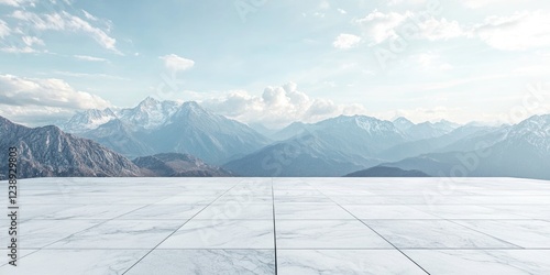 Mountain view with marble floor and clouds in the sky landscape scenic background Copy Space photo