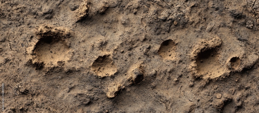 Animal footprints on wet soil surface with textured ground detail and natural earth tones ideal for nature themes and wildlife exploration Copy Space Animal footprints on wet soil surface with textured ground detail and natural earth tones ideal for nature themes and wildlife exploration Copy Space