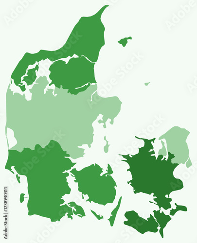 Map of Denmark with regions. Just a simple country border map with region division. Green color palette. Blank Denmark shape with administrative division. Vector illustration.