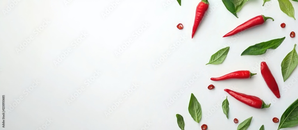 Red chili peppers and green basil leaves arranged on a white background with copy space for text. Red chili peppers and green basil leaves arranged on a white background with copy space for text.