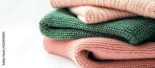Folded wool sweaters in pastel colors stacked on white background with soft textures and clean lines showing Copy Space