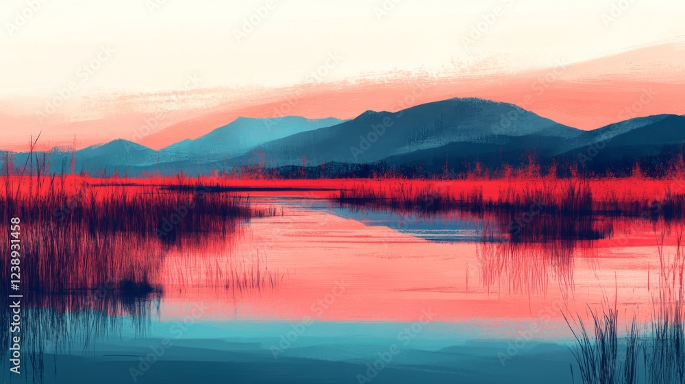 Fototapeta premium Red And Blue Sunset Landscape Over Calm Lake