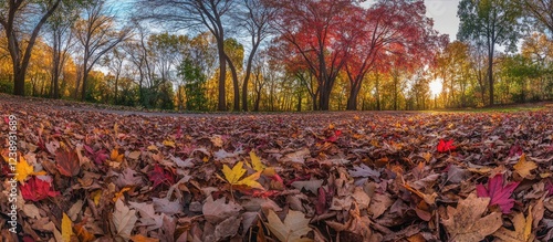 Autumn landscape with colorful fallen leaves in a park setting during sunset with sunlight filtering through trees Copy Space photo