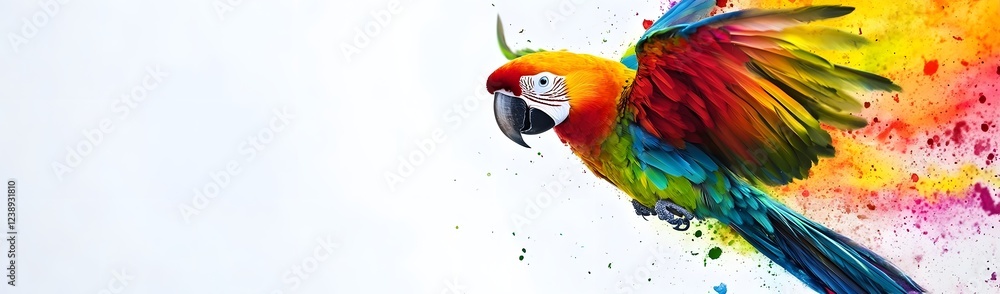 Obraz premium Vibrant macaw flying against a colorful splash background, symbolizing freedom and nature's beauty