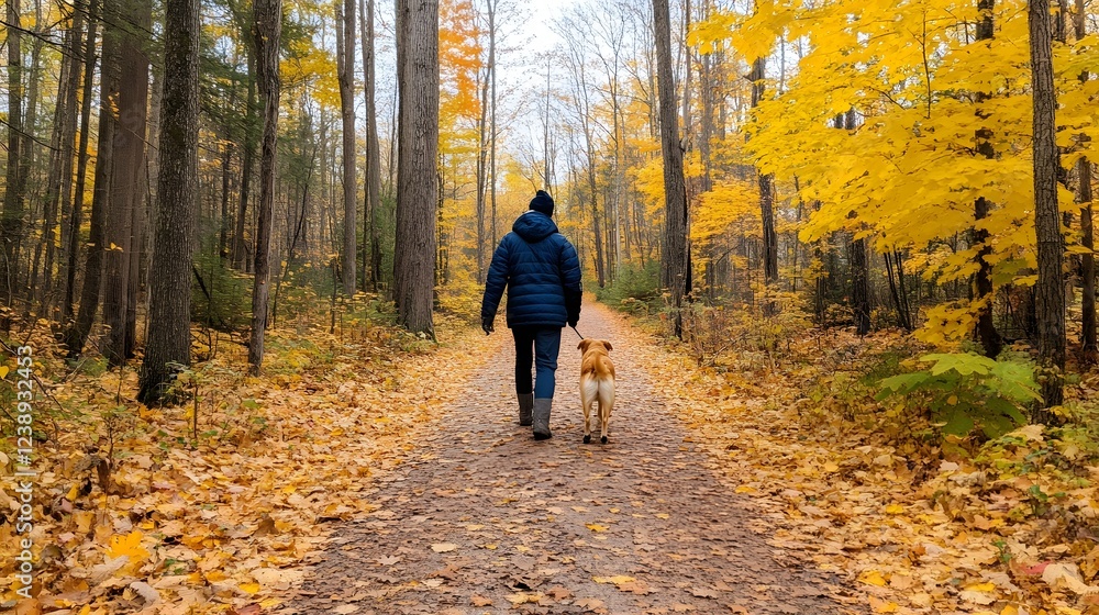 Fototapeta premium Person Walking Dog on Autumn Forest Trail with Vibrant Fall Foliage