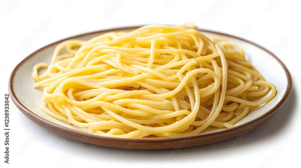 Close-up of freshly boiled spaghetti served on rustic ceramic plate isolated on white background. Simple Italian cuisine food background Close-up of freshly boiled spaghetti served on rustic ceramic plate isolated on white background. Simple Italian cuisine food background