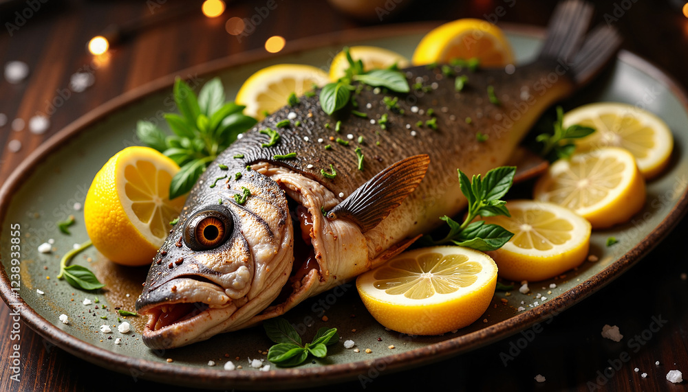 A whole oven-roasted barramundi, placed on a stylish black plate, garnished with fresh herbs and lemon slices. A whole oven-roasted barramundi, placed on a stylish black plate, garnished with fresh herbs and lemon slices.