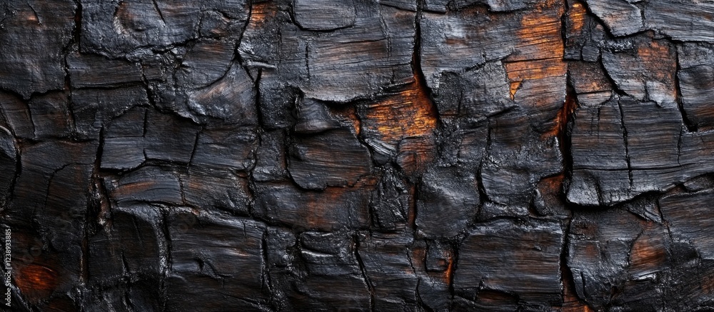 Charred wood texture background with deep black and hints of orange, detailed close-up of burnt timber grain, Copy Space Charred wood texture background with deep black and hints of orange, detailed close-up of burnt timber grain, Copy Space