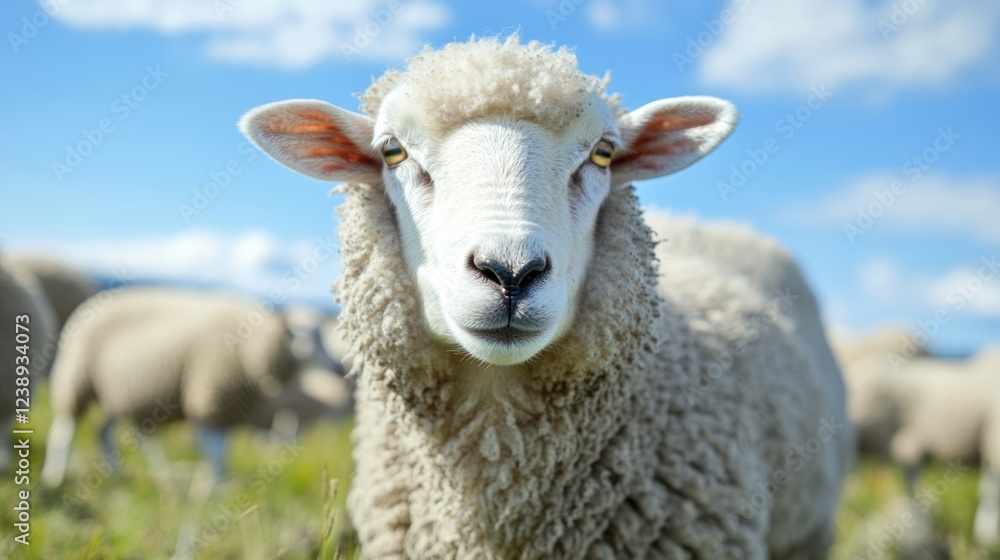 Close-up of a sheep with fluffy wool and curious expression on its face in a green pasture with blurred sheep in the background Copy Space Close-up of a sheep with fluffy wool and curious expression on its face in a green pasture with blurred sheep in the background Copy Space