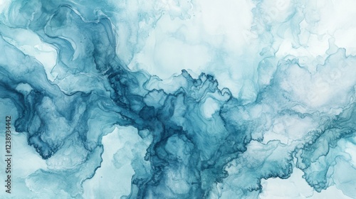 Abstract blue ink wash painting, fluid art, swirling design.