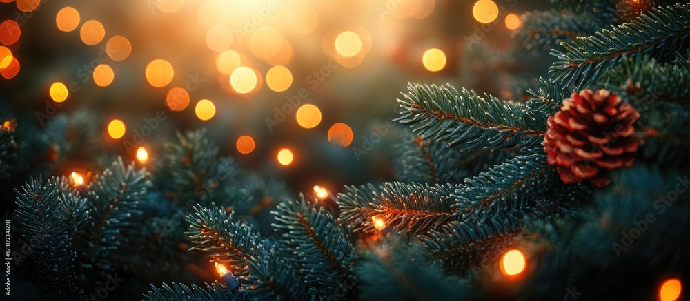 Christmas tree branches with soft glowing lights and pine cone bokeh background with copy space for text Christmas tree branches with soft glowing lights and pine cone bokeh background with copy space for text