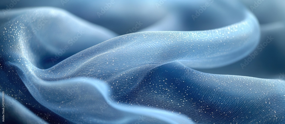 Obraz premium Blue sheer fabric texture with shimmering elements in soft folds and waves. Copy Space