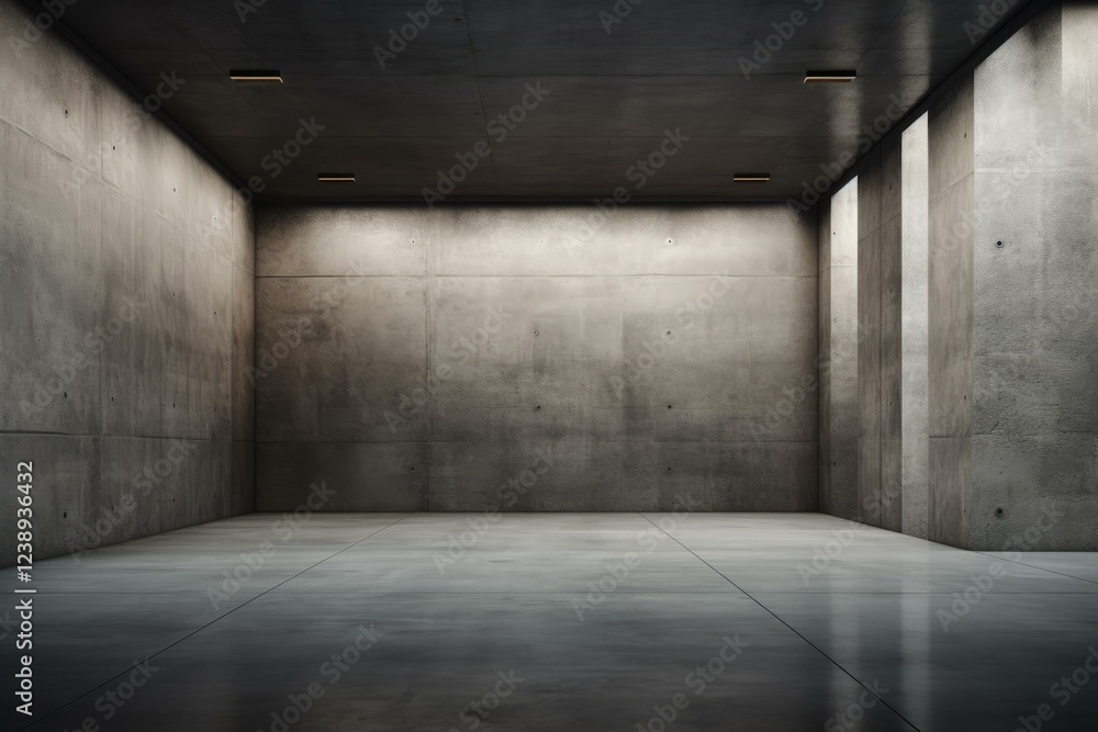 Modern, empty concrete room with spotlights illuminating the walls and floor, creating a dramatic and spacious ambiance Modern, empty concrete room with spotlights illuminating the walls and floor, creating a dramatic and spacious ambiance