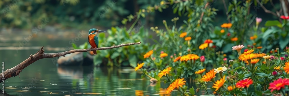 Kingfisher rests on thin wooden limb suspended high above calm surface of serene pond surrounded by lush foliage and vibrant wildflowers, bird's eye view, serene environment, tree canopy Kingfisher rests on thin wooden limb suspended high above calm surface of serene pond surrounded by lush foliage and vibrant wildflowers, bird's eye view, serene environment, tree canopy