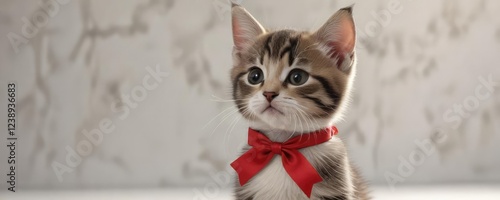 Kitten wearing a red ribbon tied around its neck, kitten hair bow, bow tie photo