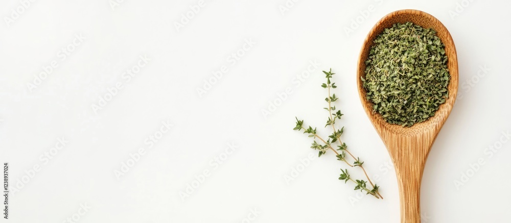 Dried thyme herbs in a wooden spoon with fresh thyme sprig on a light background Copy Space Dried thyme herbs in a wooden spoon with fresh thyme sprig on a light background Copy Space