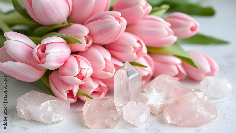 Rose quartz crystals and a bouquet of pink tulips. Healing crystals, the magic of precious stones. Generative AI Rose quartz crystals and a bouquet of pink tulips. Healing crystals, the magic of precious stones. Generative AI