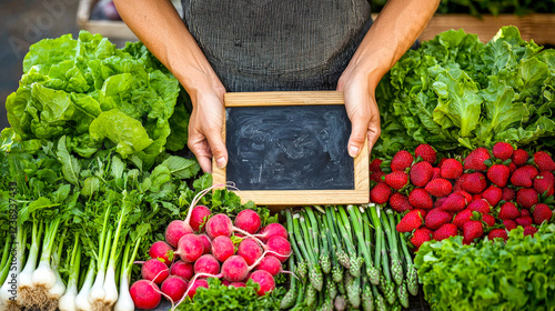 A vendor displays an assortment of fresh vegetables and strawberries at a farmers market, holding a blank chalkboard for prices