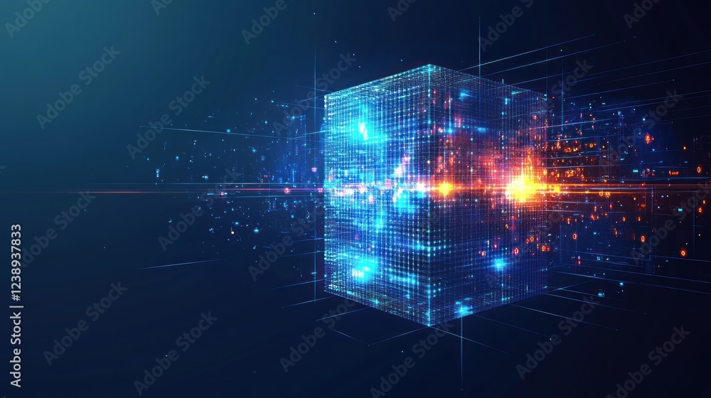 Glowing digital cube with data streams and energy pulses. Glowing digital cube with data streams and energy pulses.