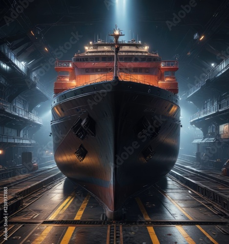 Large ship stopped in the middle of a platform, dock, docked photo