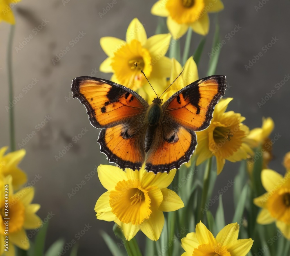 Large wingspan of Aglais urticae Small Tortoiseshell butterfly on a bright yellow daffodil flower, nature, insect on flower Large wingspan of Aglais urticae Small Tortoiseshell butterfly on a bright yellow daffodil flower, nature, insect on flower