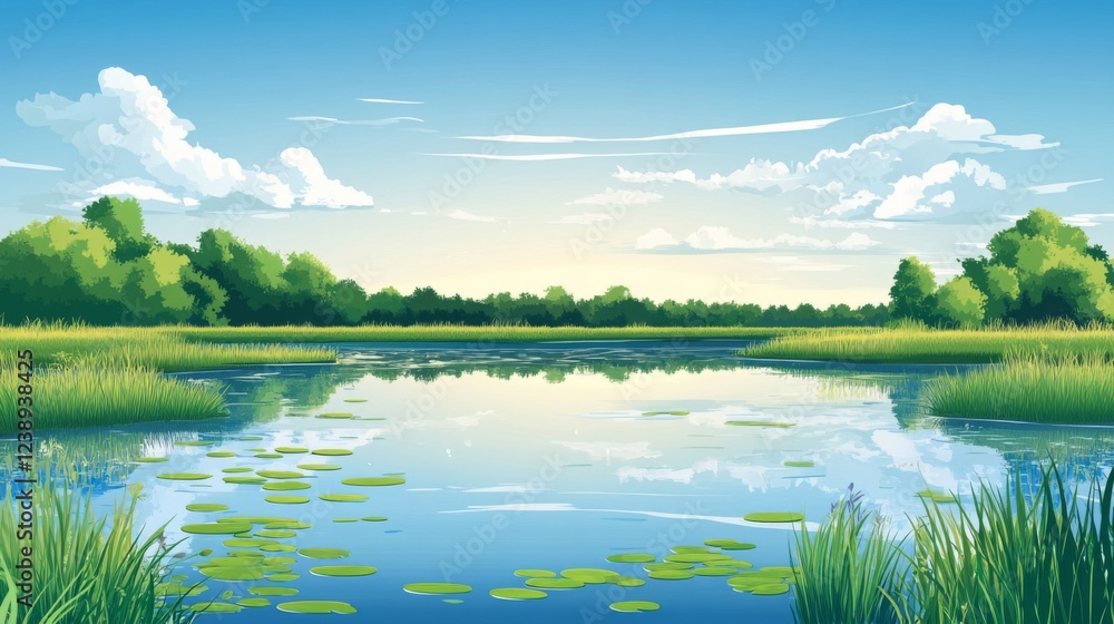 Fototapeta premium Serene Summer Lake Landscape with Lush Greenery