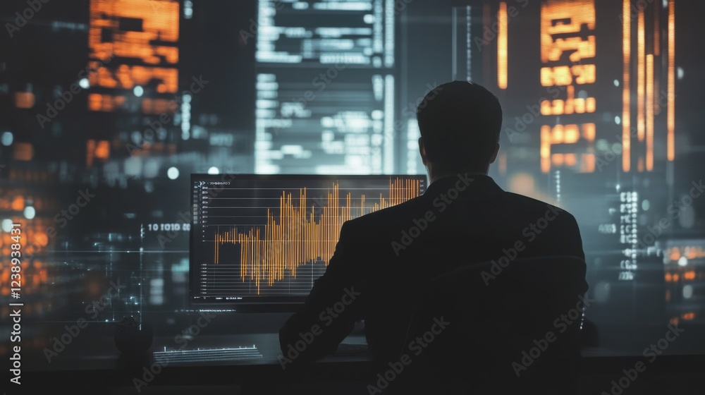 Bearded man trader wearing eyeglasses sitting at desk at office monitoring stock market looking at monitors analyzing candle bar price flow touching chin concerned trading concept close-up Bearded man trader wearing eyeglasses sitting at desk at office monitoring stock market looking at monitors analyzing candle bar price flow touching chin concerned trading concept close-up