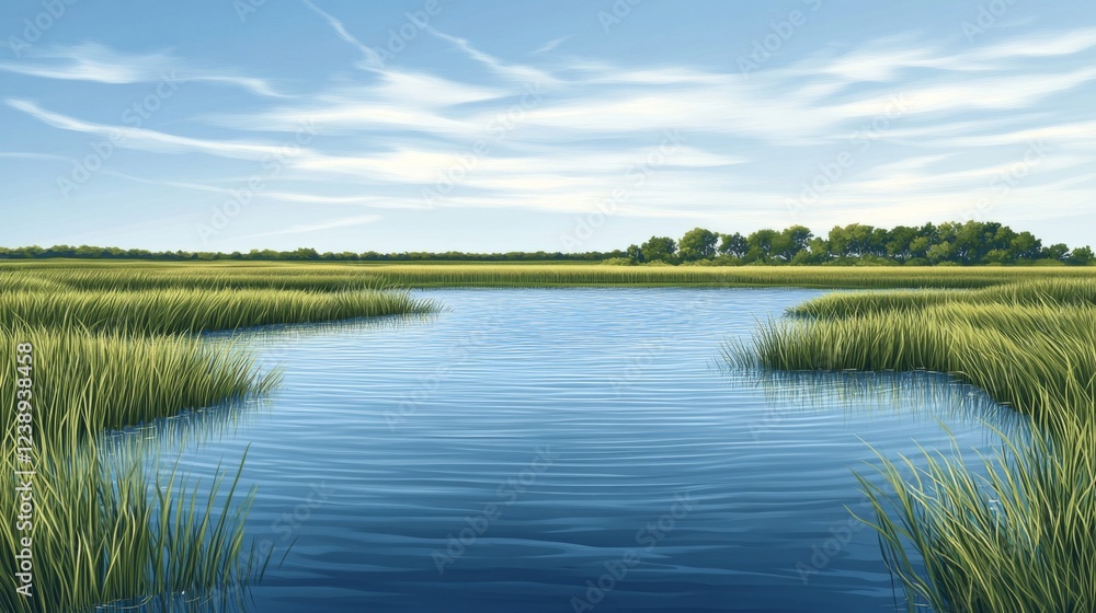 Fototapeta premium Serene River Landscape Under a Blue Summer Sky