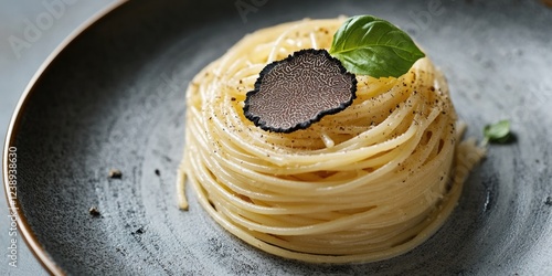 Plate of spaghetti with black truffle slice and fresh basil leaf on gray textured plate with Black and white pepper seasoning Copy Space photo