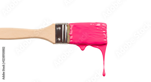 Fototapeta Naklejka Na Ścianę i Meble -  Paintbrush and pink paint splatter PNG. Paintbrush coated with pink paint splatters around it, perfect for art projects, creative designs, or wall painting advertisements. Pink paint on brush