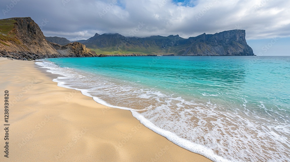 Turquoise Shoreline and Beach with Rocky Cliffs in Distance Under Cloudy Sky Nature Scene. Turquoise Shoreline and Beach with Rocky Cliffs in Distance Under Cloudy Sky Nature Scene.