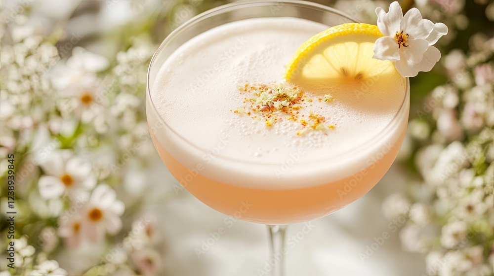 Pink gin fizz with lemon slice and flowers. pic Pink gin fizz with lemon slice and flowers. pic
