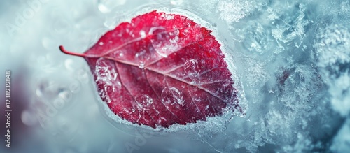 Red leaf frozen in ice surrounded by frost on a cool blue background perfect for nature and seasonal themes Copy Space photo