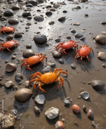 Low tide mud with small crabs and shellfish on the surface, low tide, bay of fundy photo