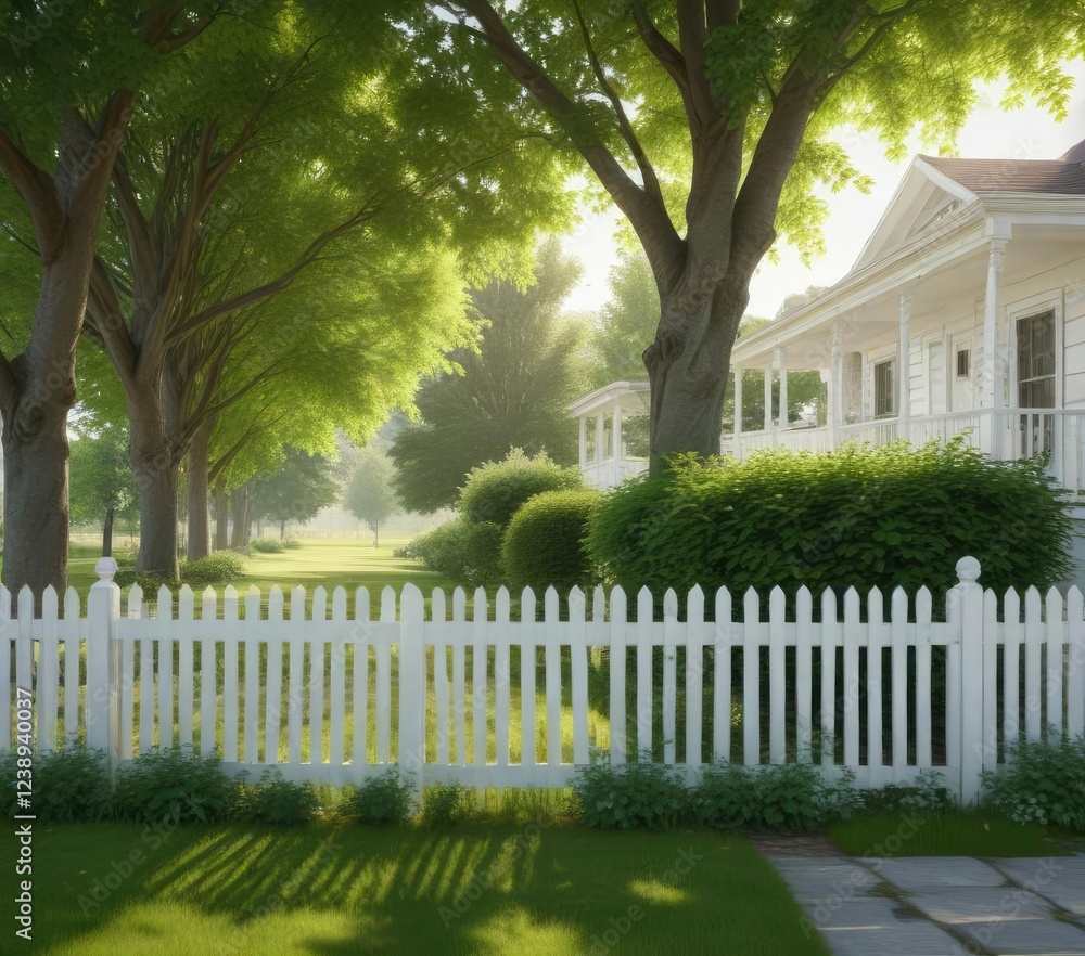 Lush grass and green maple leaf trees under a white picket fence, green maple leaf trees, rural Lush grass and green maple leaf trees under a white picket fence, green maple leaf trees, rural