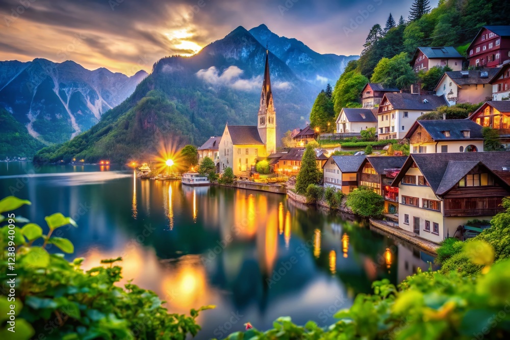 Hallstatt Lake Austria: Picturesque Village with Evangelical Church & Mountain Panorama Hallstatt Lake Austria: Picturesque Village with Evangelical Church & Mountain Panorama