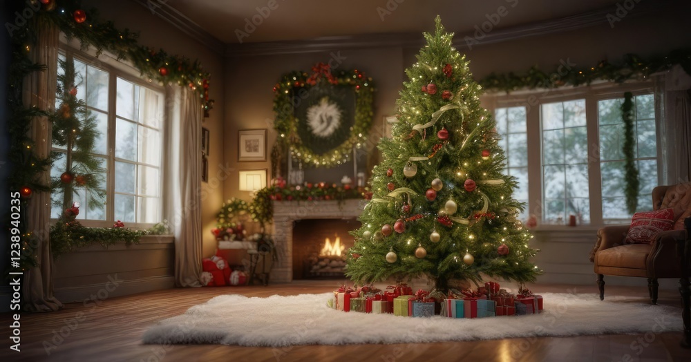 lush green foliage surrounding a beautiful evergreen Christmas tree decorated with ornaments and ribbons, festive, glowing lush green foliage surrounding a beautiful evergreen Christmas tree decorated with ornaments and ribbons, festive, glowing