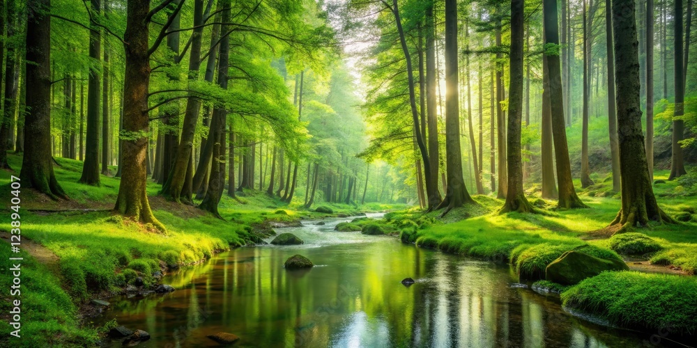 Obraz premium lush green forest landscape with tall trees and winding streams, peaceful surroundings, serenity, outdoors