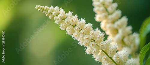 Close-up of white fluffy astilbe flowers with soft green background and bokeh effect
