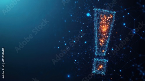 Abstract glowing exclamation mark, polygonal, digital, warning, alert concept.