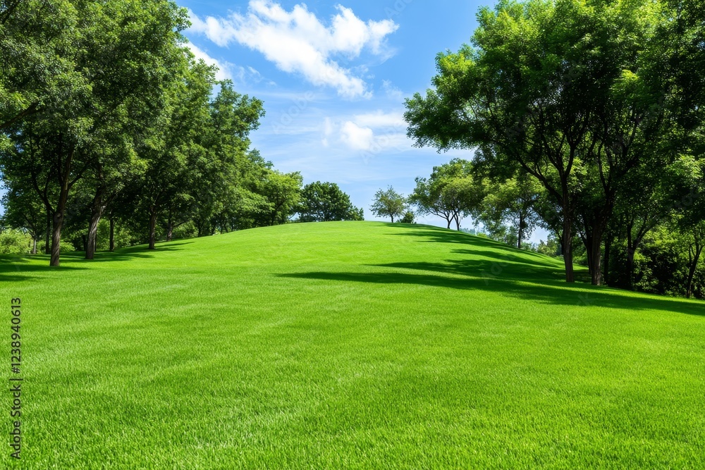 Serene Green Hillside Landscape - Lush green grass covers a gently rolling hill, surrounded by full, leafy trees under a bright blue sky. Perfect for nature, tranquility, and environmental themes. Serene Green Hillside Landscape - Lush green grass covers a gently rolling hill, surrounded by full, leafy trees under a bright blue sky. Perfect for nature, tranquility, and environmental themes.