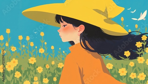 Girl in Yellow Hat Amidst a Field of Blossoms