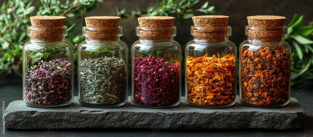Glass jars filled with dried herbs and flowers on slate stone with green foliage in the background and copy space Glass jars filled with dried herbs and flowers on slate stone with green foliage in the background and copy space
