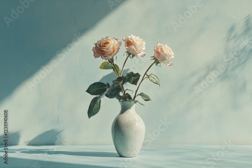 Minimalist arrangement of three light pink roses in a vase, with soft shadows on a pastel green wall photo