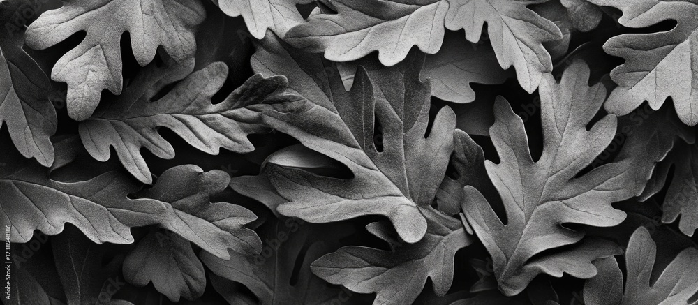 Black and white close-up of textured oak leaves arranged in a layered pattern with detailed leaf structures and veins. Copy Space Black and white close-up of textured oak leaves arranged in a layered pattern with detailed leaf structures and veins. Copy Space