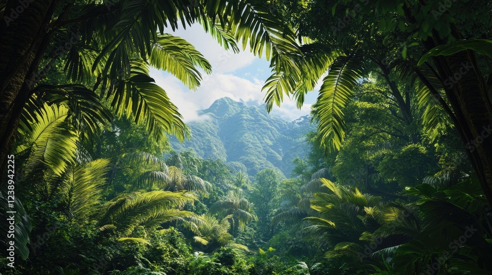 Tropical rainforest landscape with lush vegetation and distant mountains framed by palm leaves Tropical rainforest landscape with lush vegetation and distant mountains framed by palm leaves