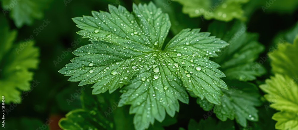 Close-up of green leaf with water droplets on surface surrounded by lush foliage Copy Space Close-up of green leaf with water droplets on surface surrounded by lush foliage Copy Space