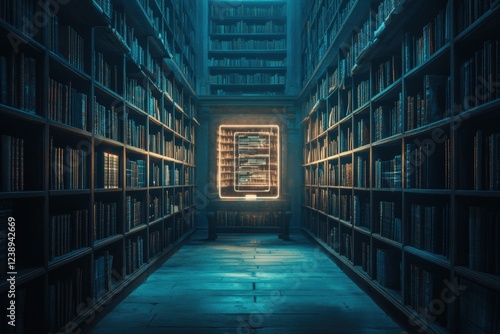 Wallpaper Mural A narrow library aisle illuminated by a glowing holographic tablet embedded in the bookshelves Torontodigital.ca