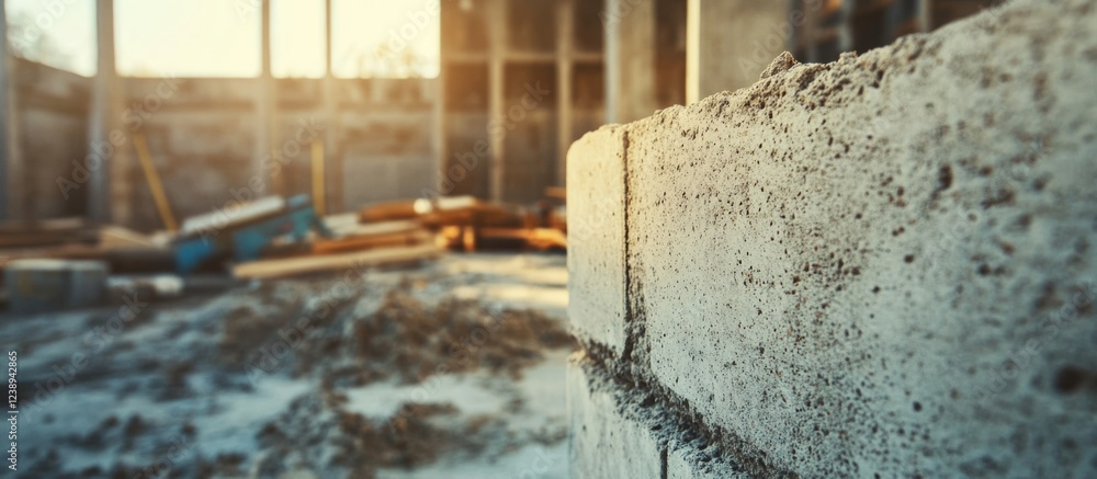 Concrete block in foreground with construction site background illuminated by sunlight, focus on texture and depth, Copy Space Concrete block in foreground with construction site background illuminated by sunlight, focus on texture and depth, Copy Space